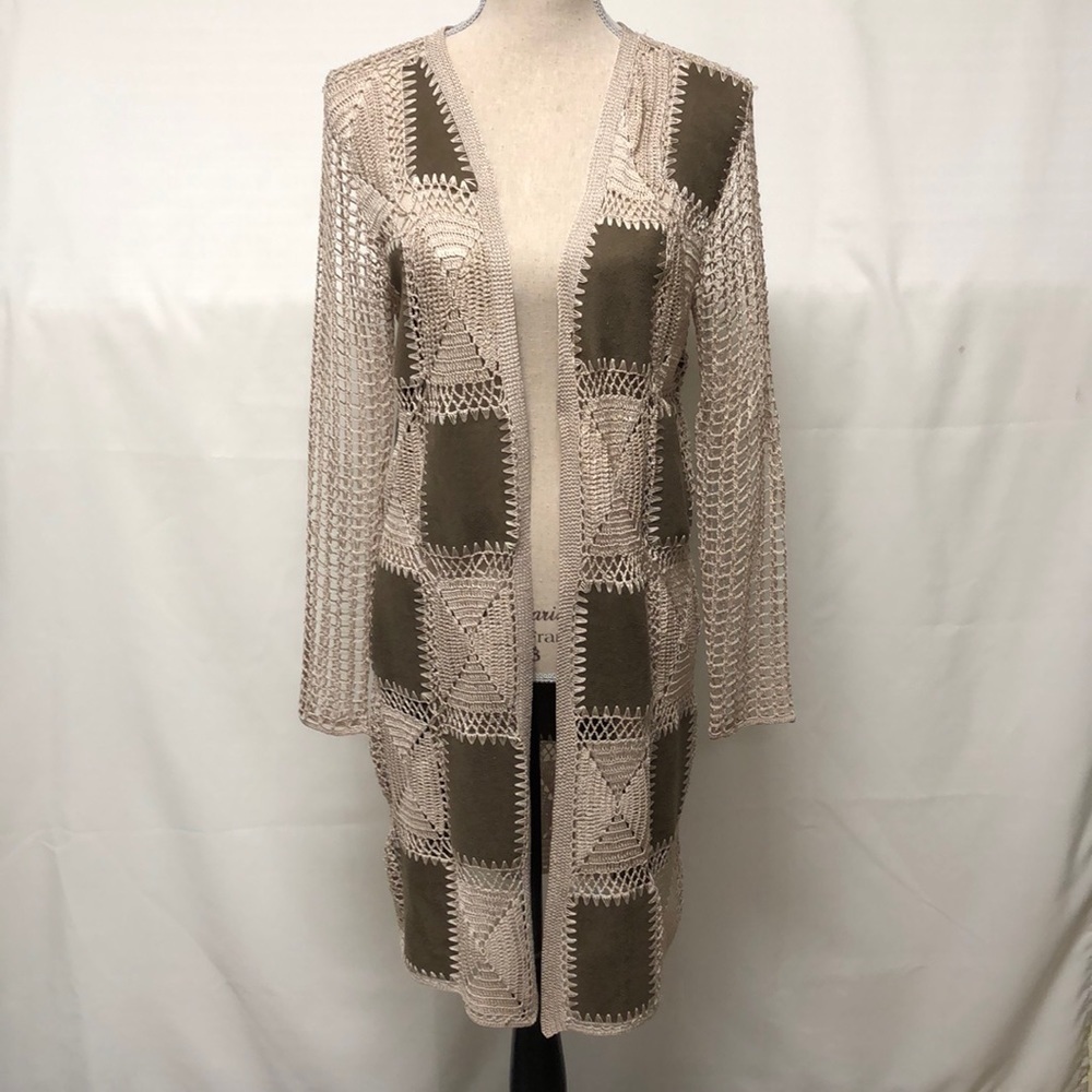 Chico’s faux suede patchwork crocheted cardigan. - Picture 2 of 12
